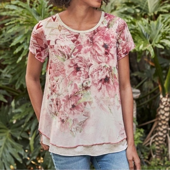 Sundance Size Large Top Ever Blooming Floral Mesh Layered Blouse Shirt Pink USA - Picture 2 of 8